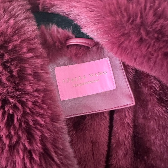 Azalea Wang Marbolo trench coat faux fur PU buttons shawl collar cuffs burgundy - Picture 10 of 12